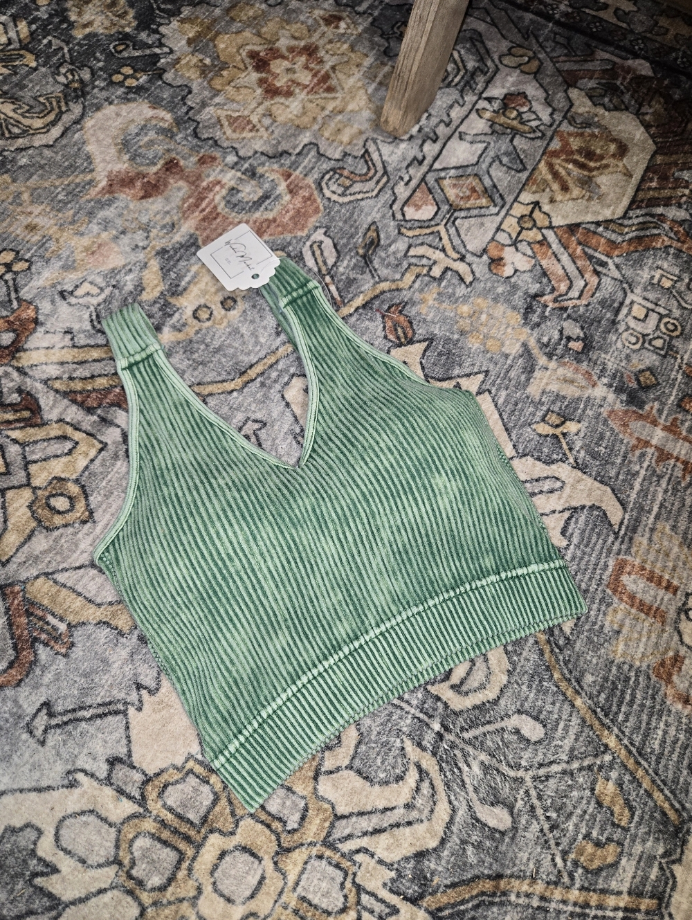 Zenana DRK Green Ribbed V-Neck Cropped Paddee Tank Top